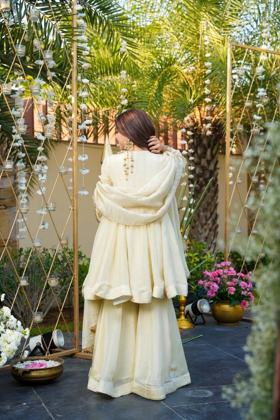 Elegant Cream Embroidered Kurta Sharara Set with Dupatta for Women