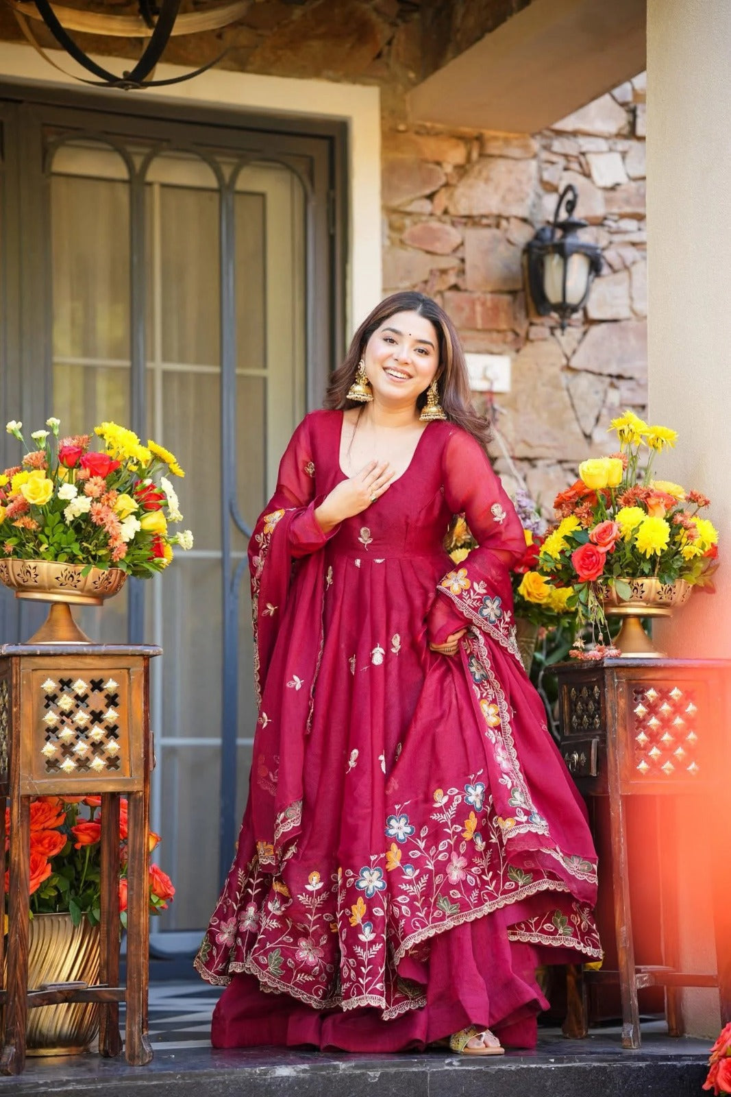 Elegant Floral Embroidered Anarkali Suit with Dupatta for Women