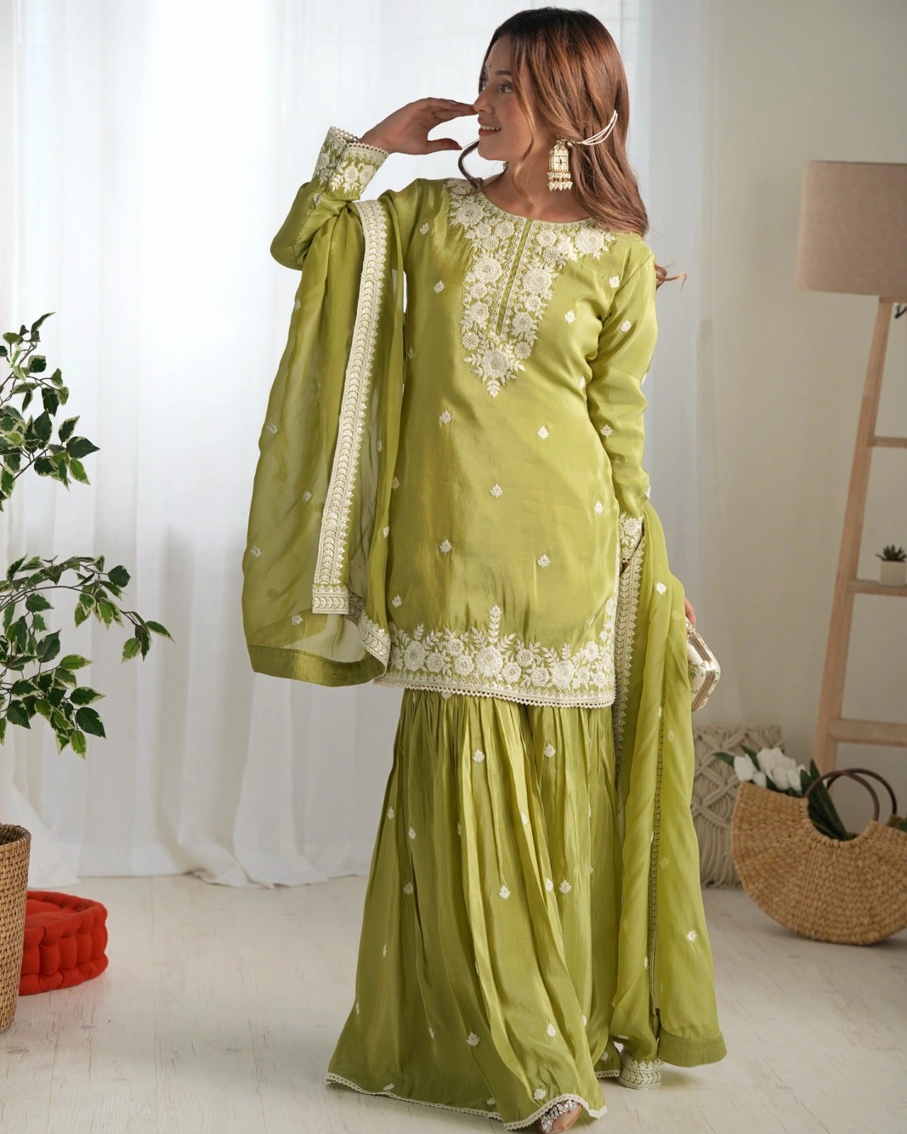 Elegant Light Green Embroidered Kurta Sharara Set with Dupatta for Women
