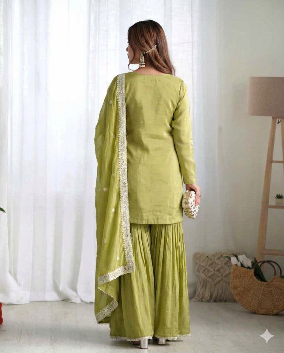 Elegant Light Green Embroidered Kurta Sharara Set with Dupatta for Women