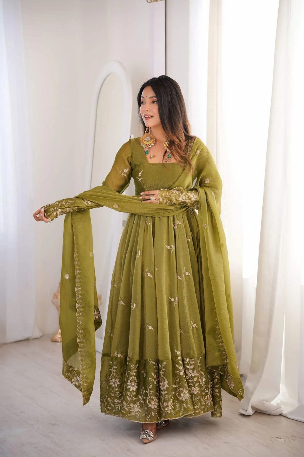 Olive Green Anarkali Suit with Floral Embroidery