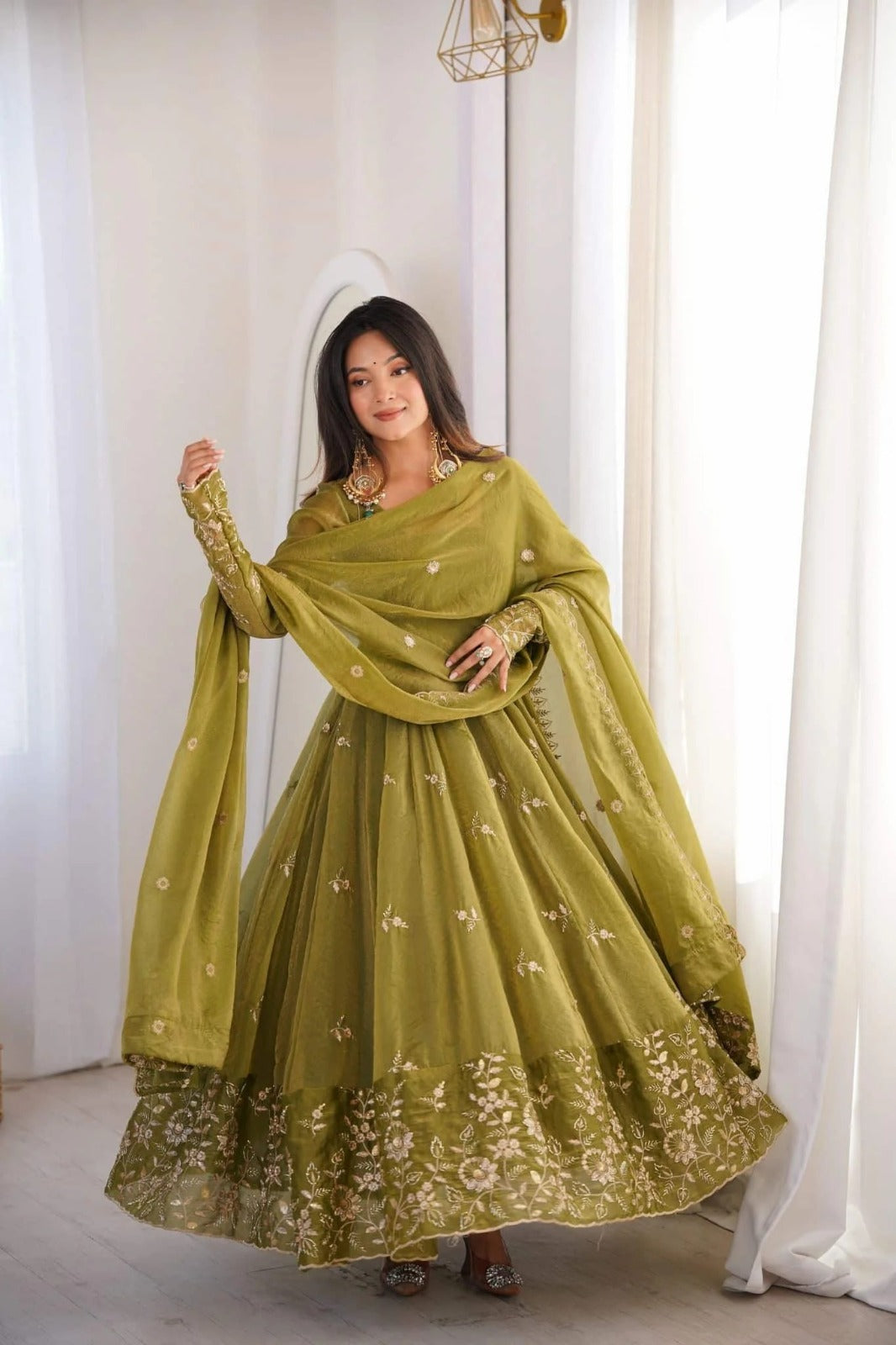 Olive Green Anarkali Suit with Floral Embroidery