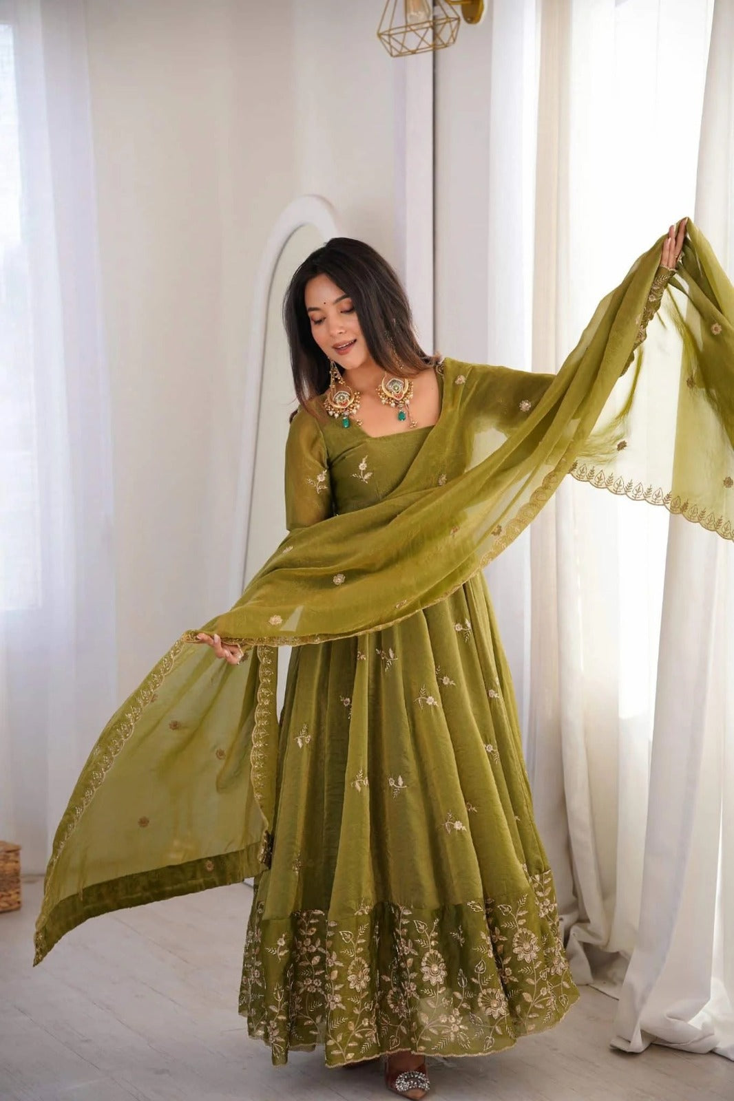 Olive Green Anarkali Suit with Floral Embroidery