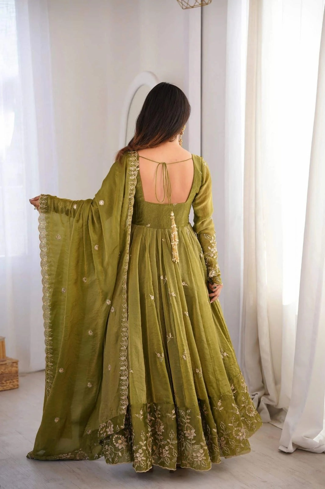 Olive Green Anarkali Suit with Floral Embroidery