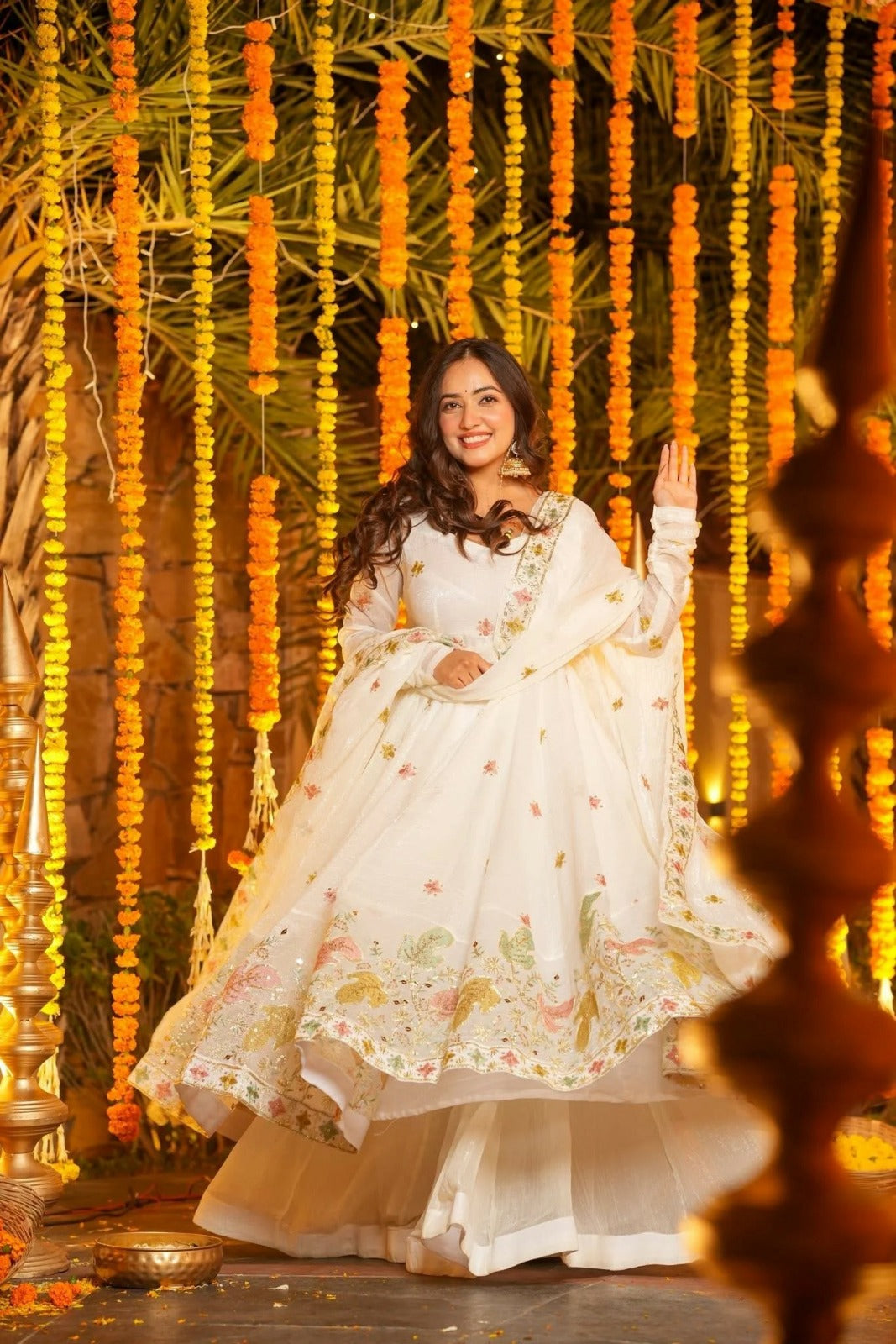 Ivory Floral Anarkali Suit with Dupatta – Elegant Festive & Wedding Wear for Women