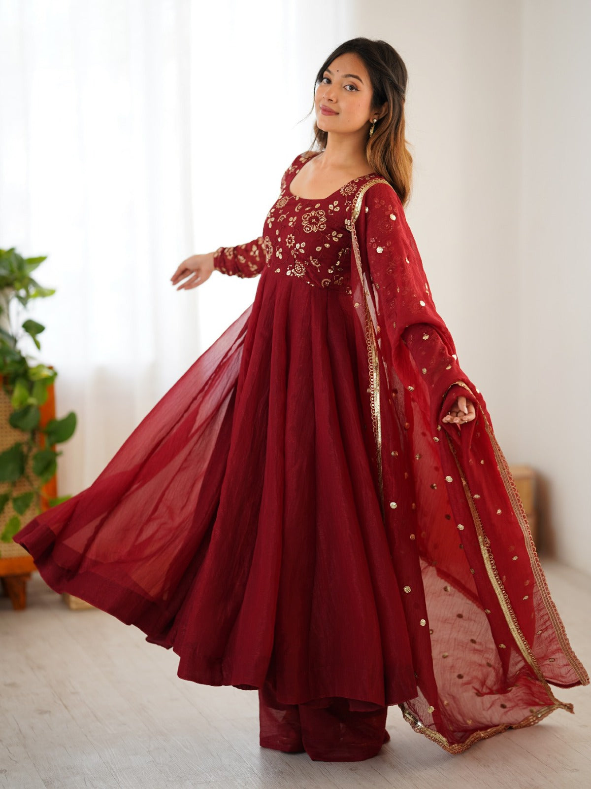 Maroon Embroidered Anarkali Suit with Dupatta