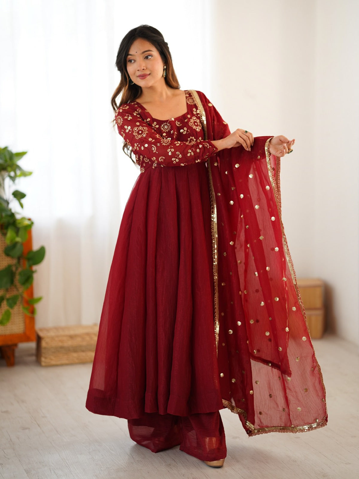 Maroon Embroidered Anarkali Suit with Dupatta