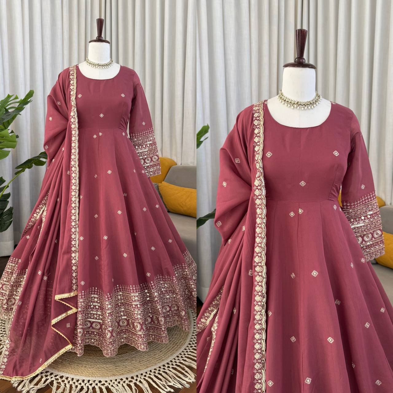 Dusty Rose Embroidered Anarkali Suit with Dupatta