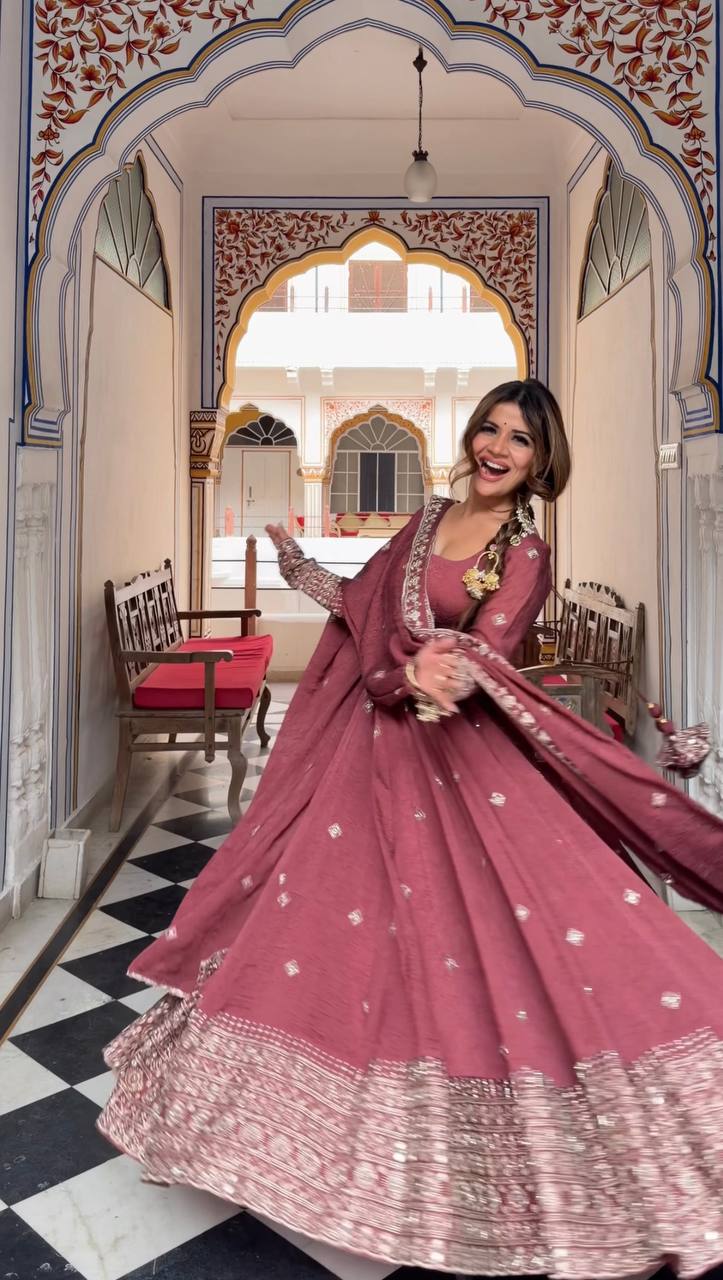 Dusty Rose Embroidered Anarkali Suit with Dupatta