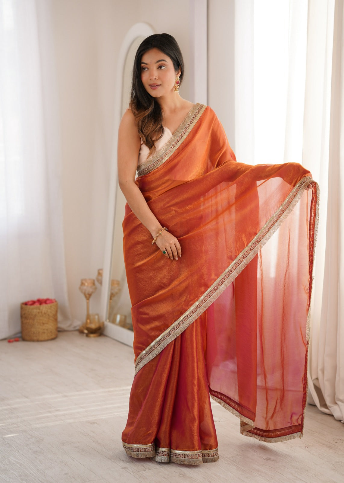 Elegant Silk Saree with Gold Border & Designer Blouse for Women