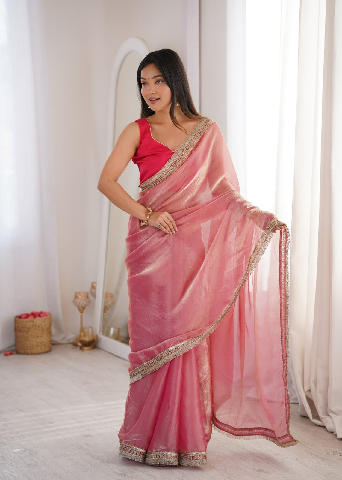 Elegant Silk Saree with Gold Border & Designer Blouse for Women