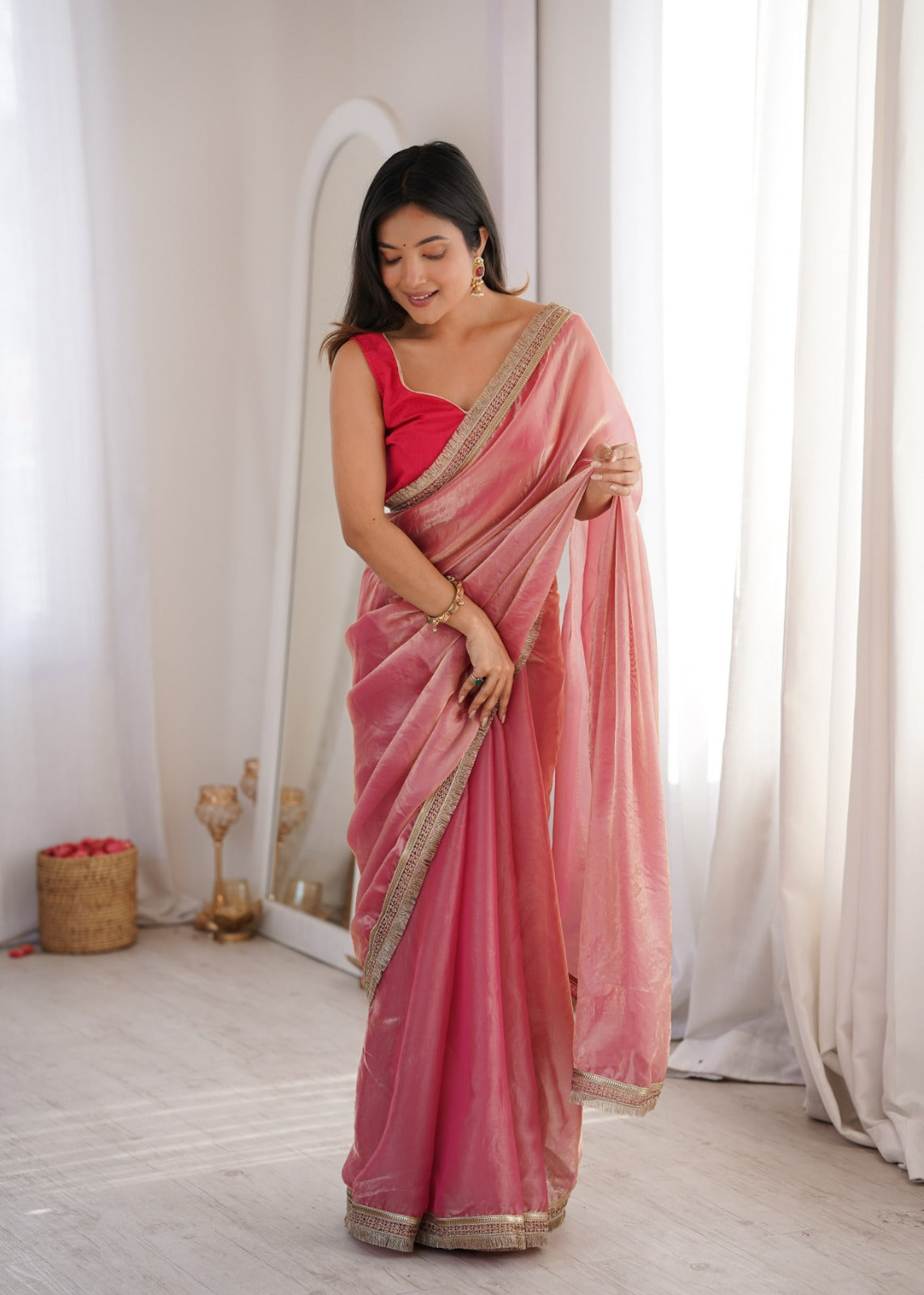 Elegant Silk Saree with Gold Border & Designer Blouse for Women