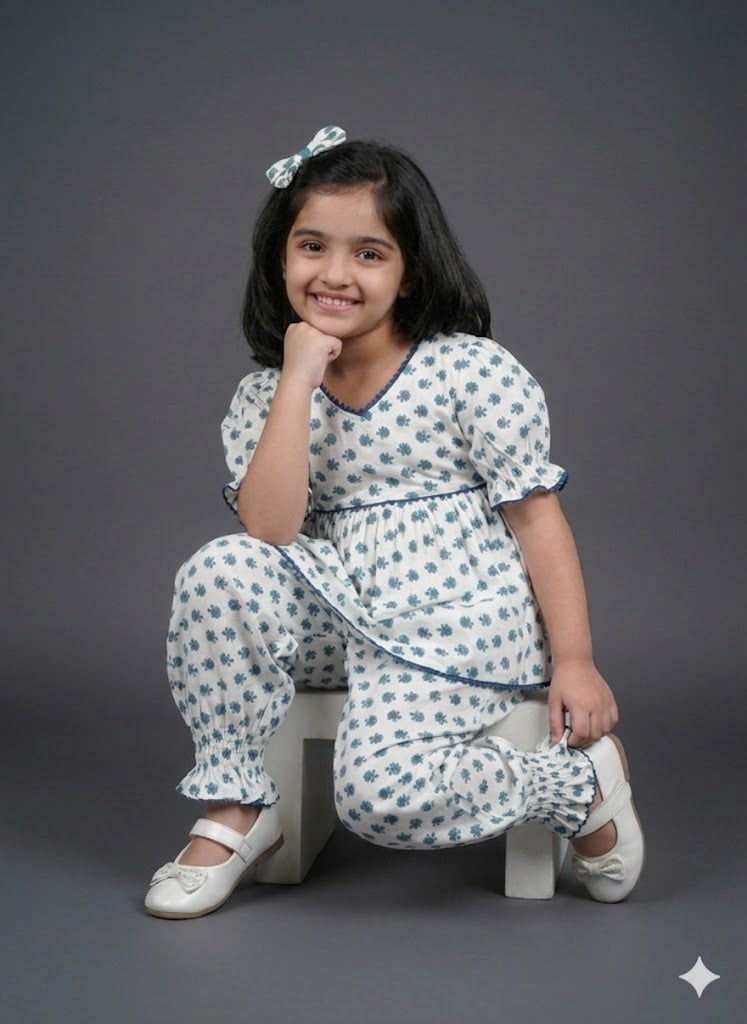 Girls Off-White & Teal Floral Printed Puff Sleeve Top with Gathered Ankle Pants Set