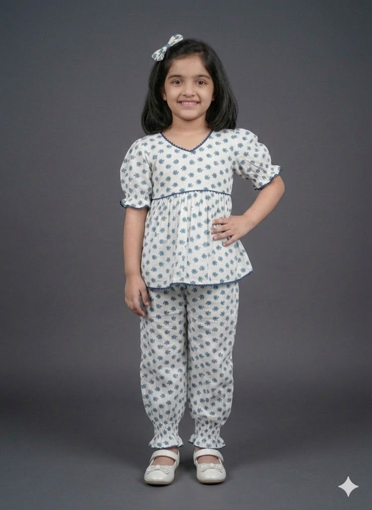 Girls Off-White & Teal Floral Printed Puff Sleeve Top with Gathered Ankle Pants Set