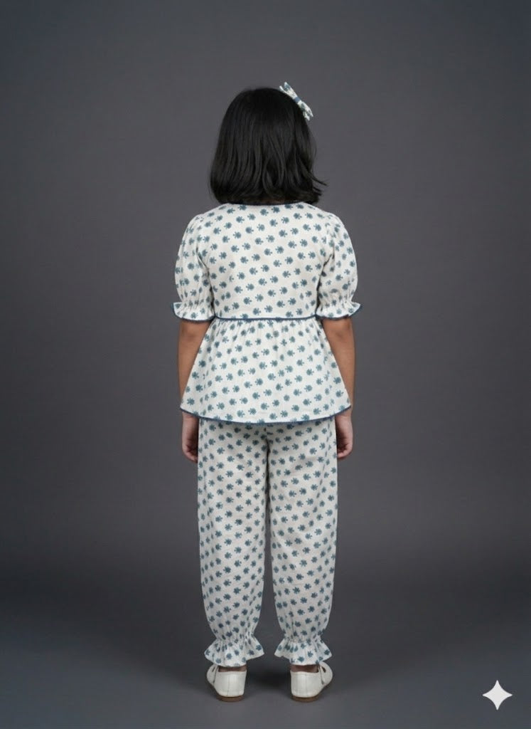 Girls Off-White & Teal Floral Printed Puff Sleeve Top with Gathered Ankle Pants Set
