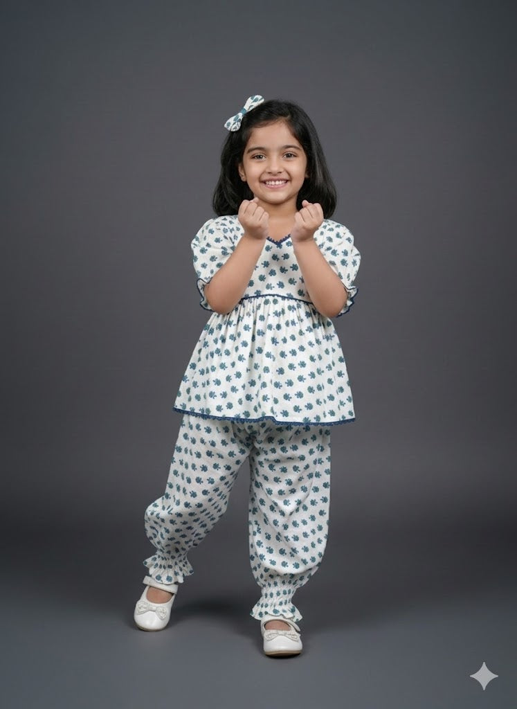 Girls Off-White & Teal Floral Printed Puff Sleeve Top with Gathered Ankle Pants Set