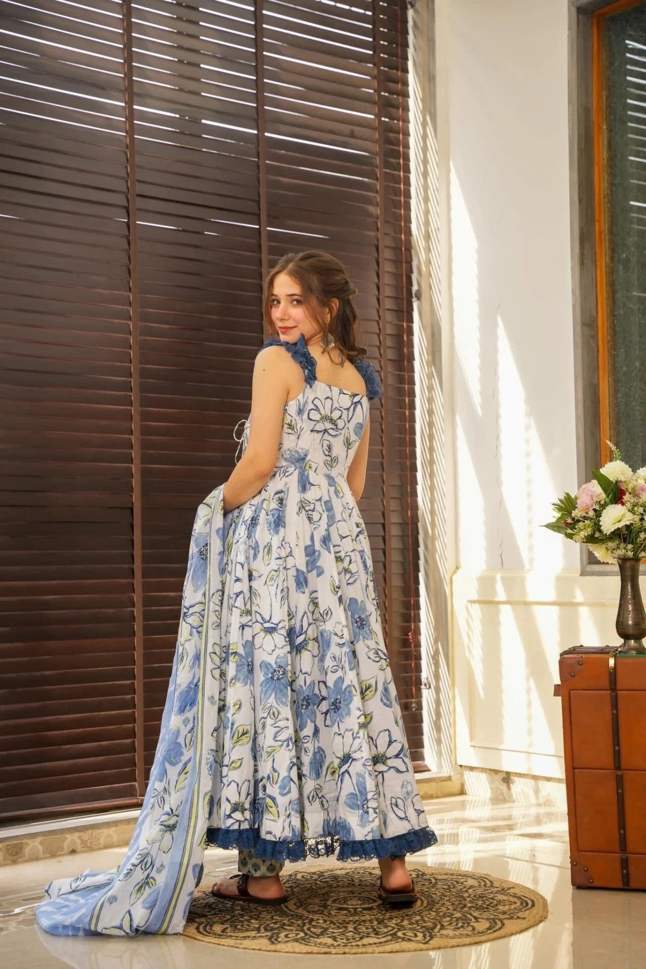 White & Blue Floral Printed Cotton Sleeveless Anarkali Suit Set with Dupatta