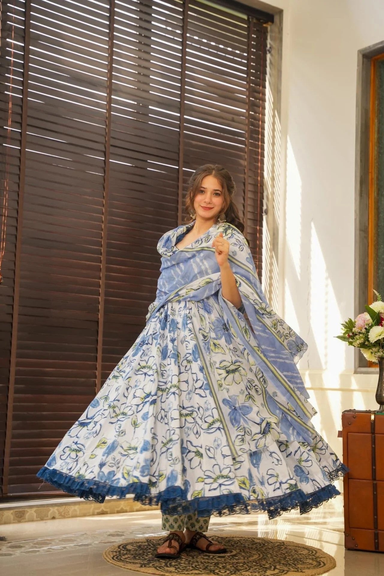 White & Blue Floral Printed Cotton Sleeveless Anarkali Suit Set with Dupatta