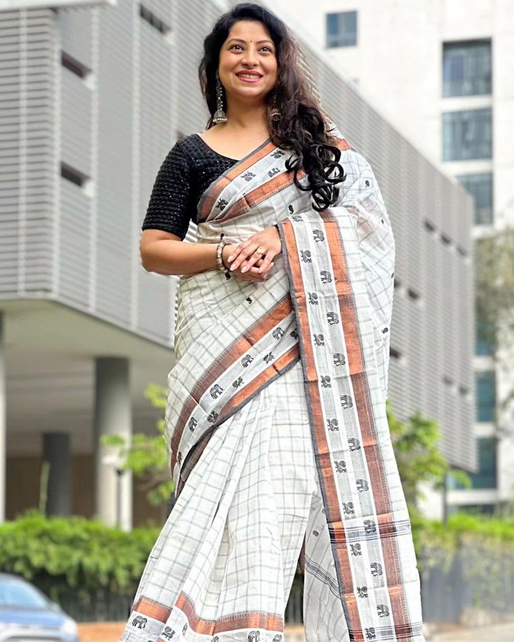 White Cotton Saree with Elephant Motifs