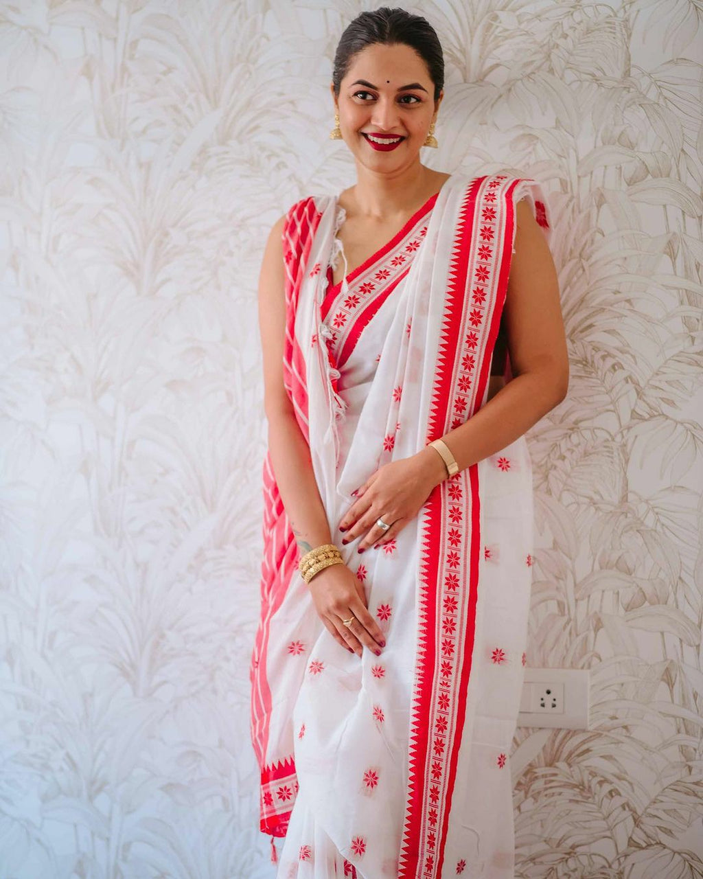 White Cotton Silk Saree with Red Border
