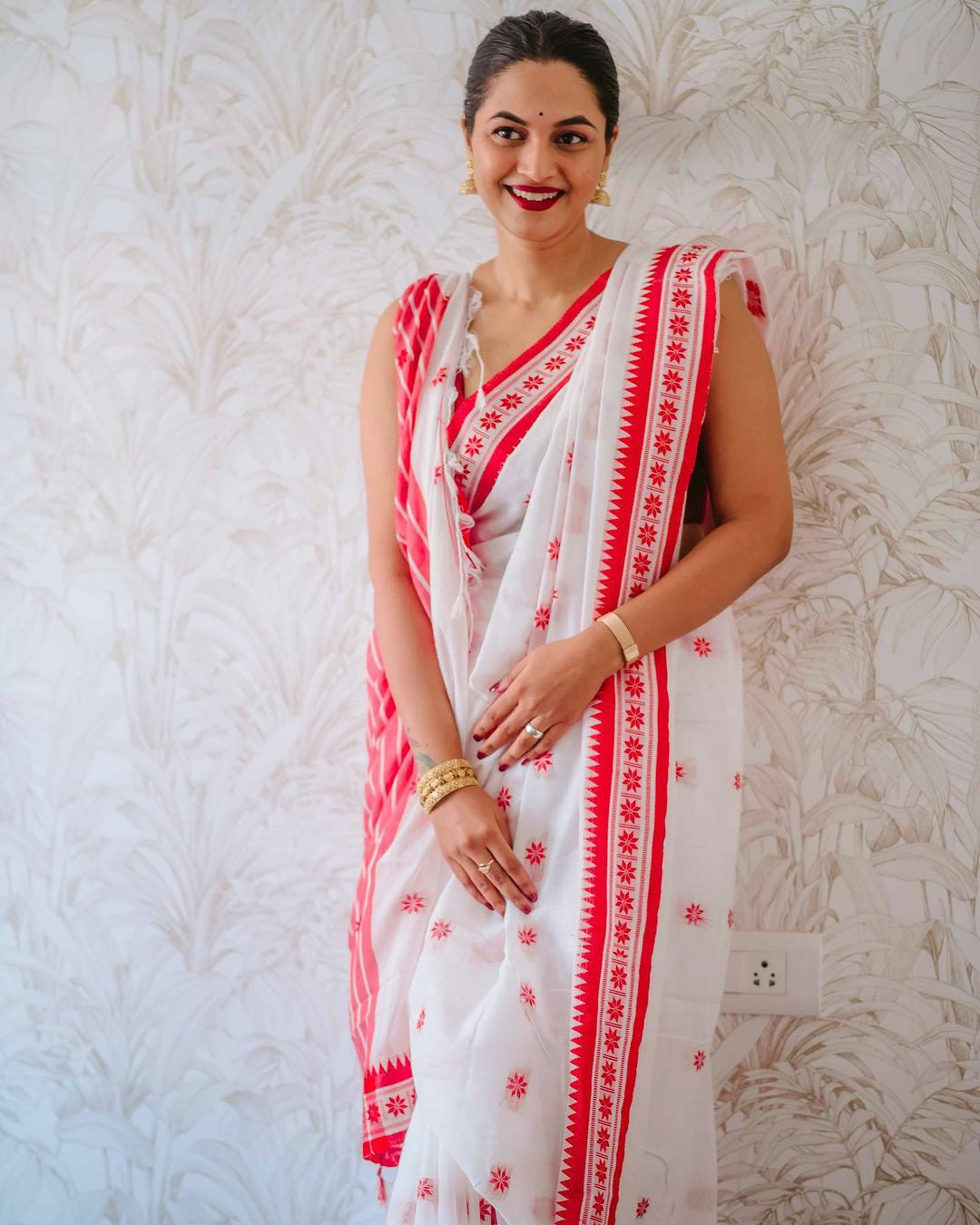 White Cotton Silk Saree with Red Border