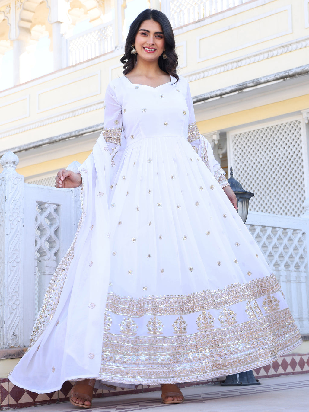 White Embroidered Anarkali Kurti with Dupatta for Women