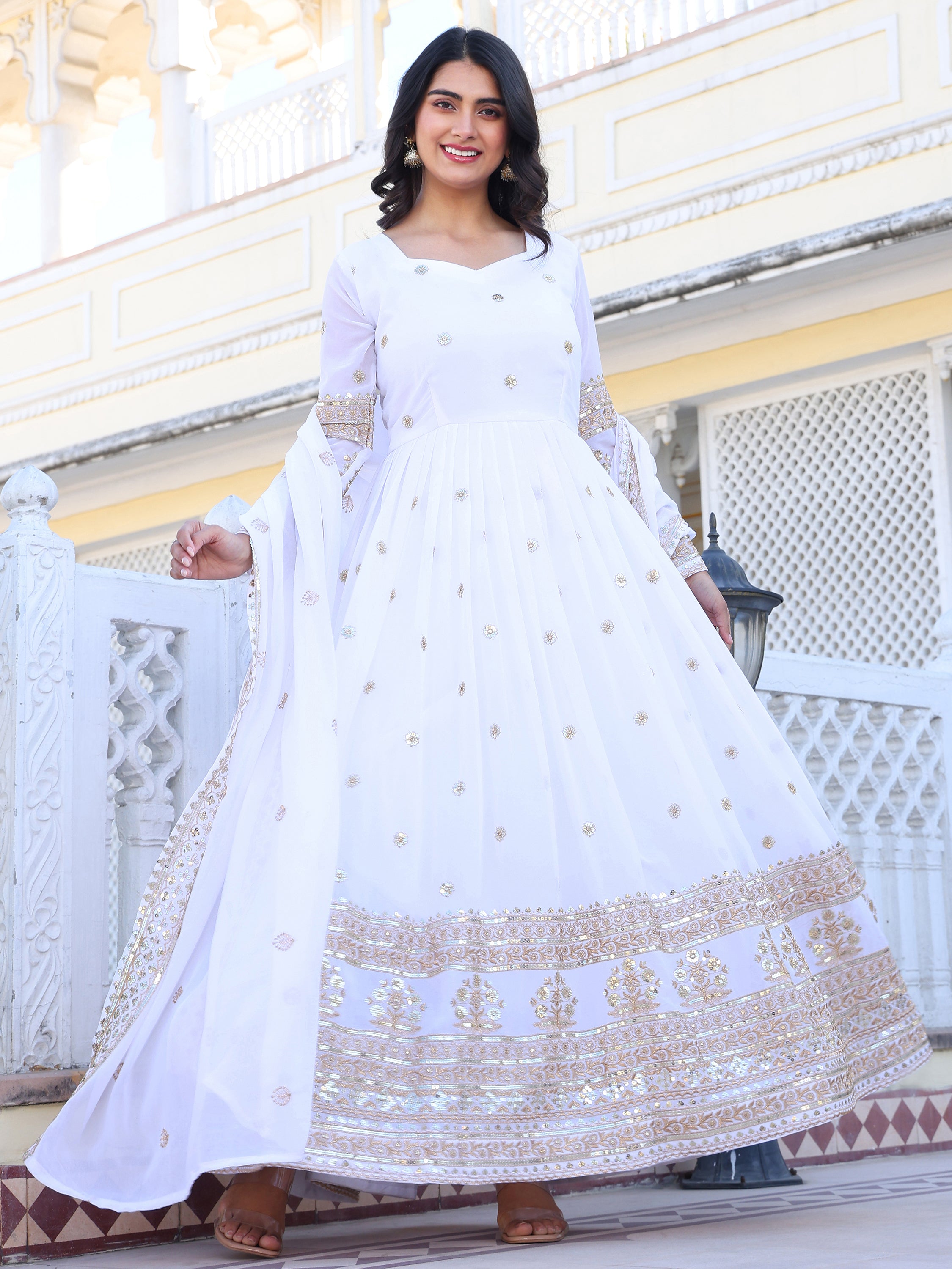 White Embroidered Anarkali Kurti with Dupatta for Women