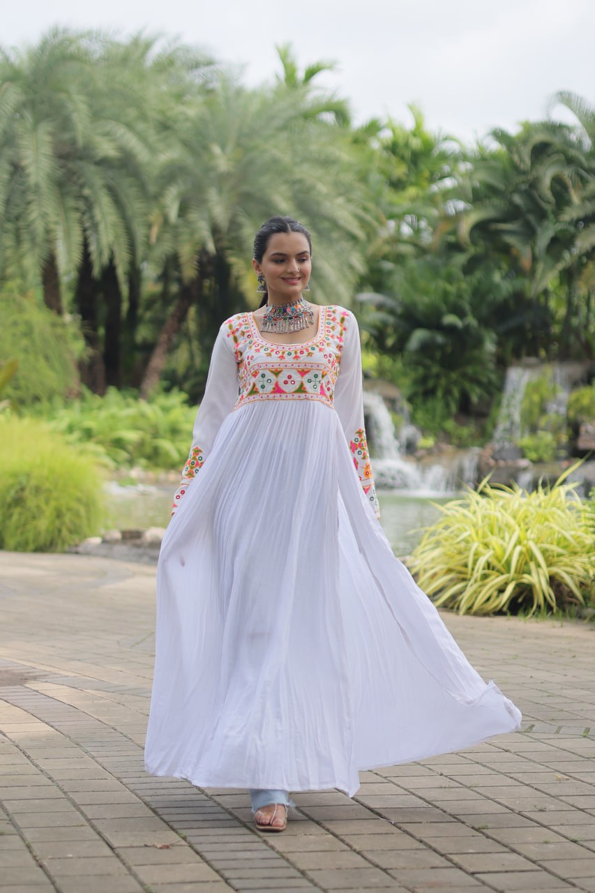 White Embroidered Long Kurta with Dupatta for Women