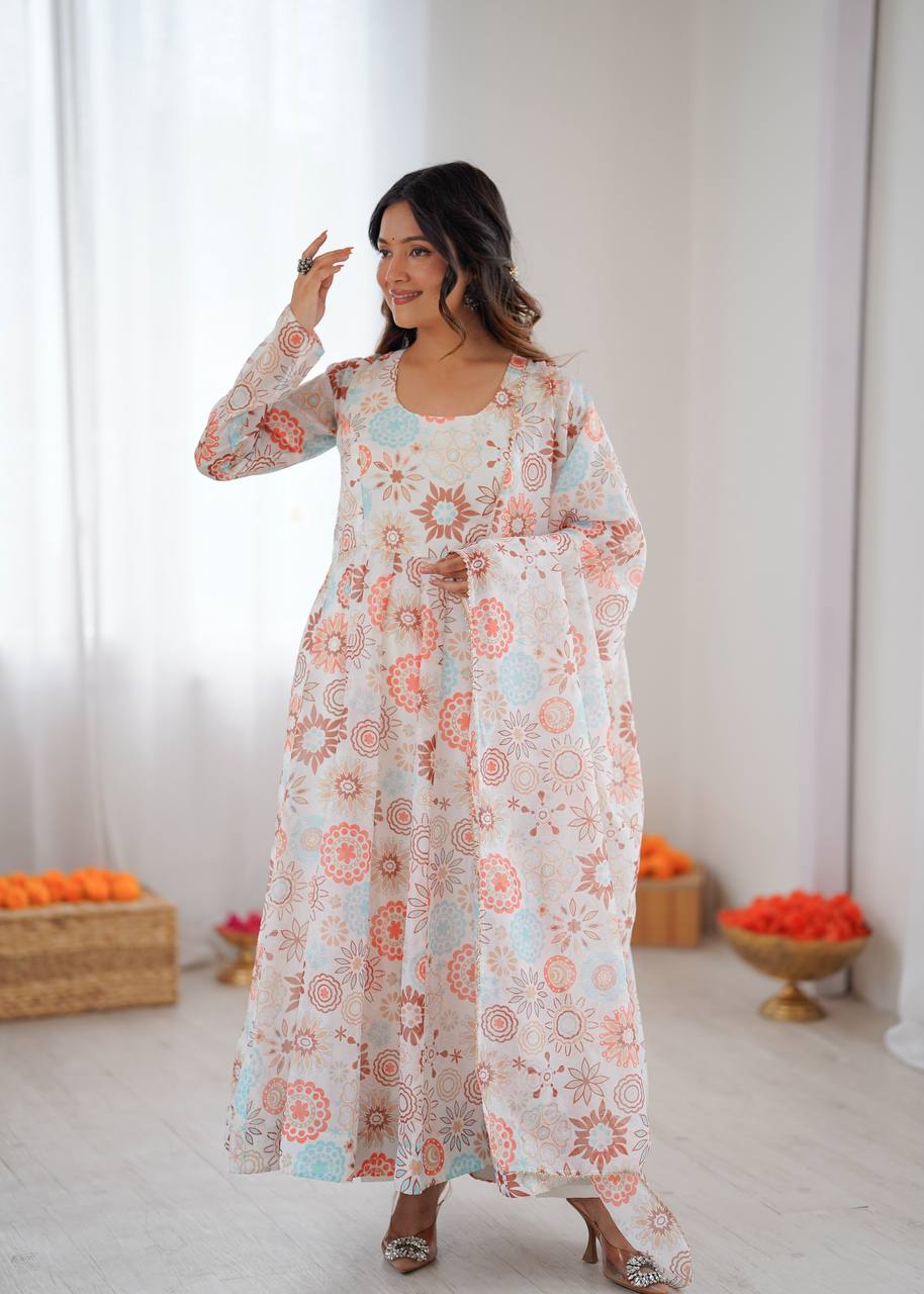 White Floral Anarkali Kurta Set for Women