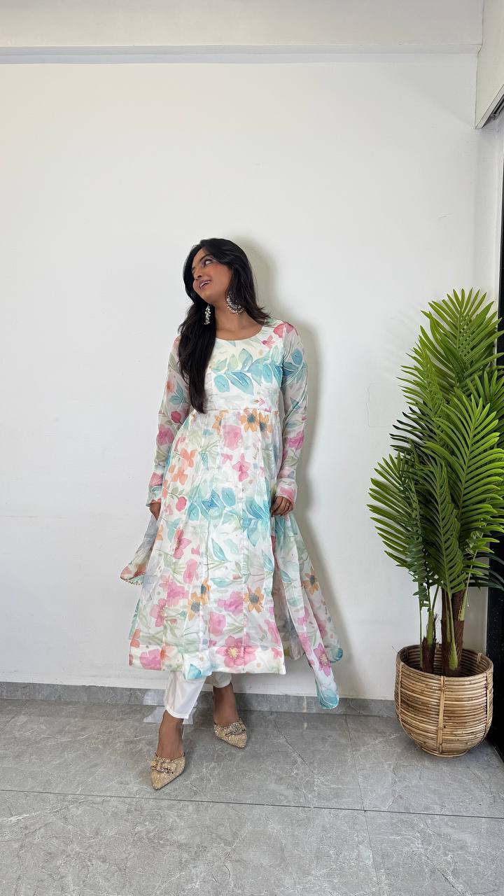 White Floral Printed Kurta Set for Women | Elegant Kurta with Dupatta