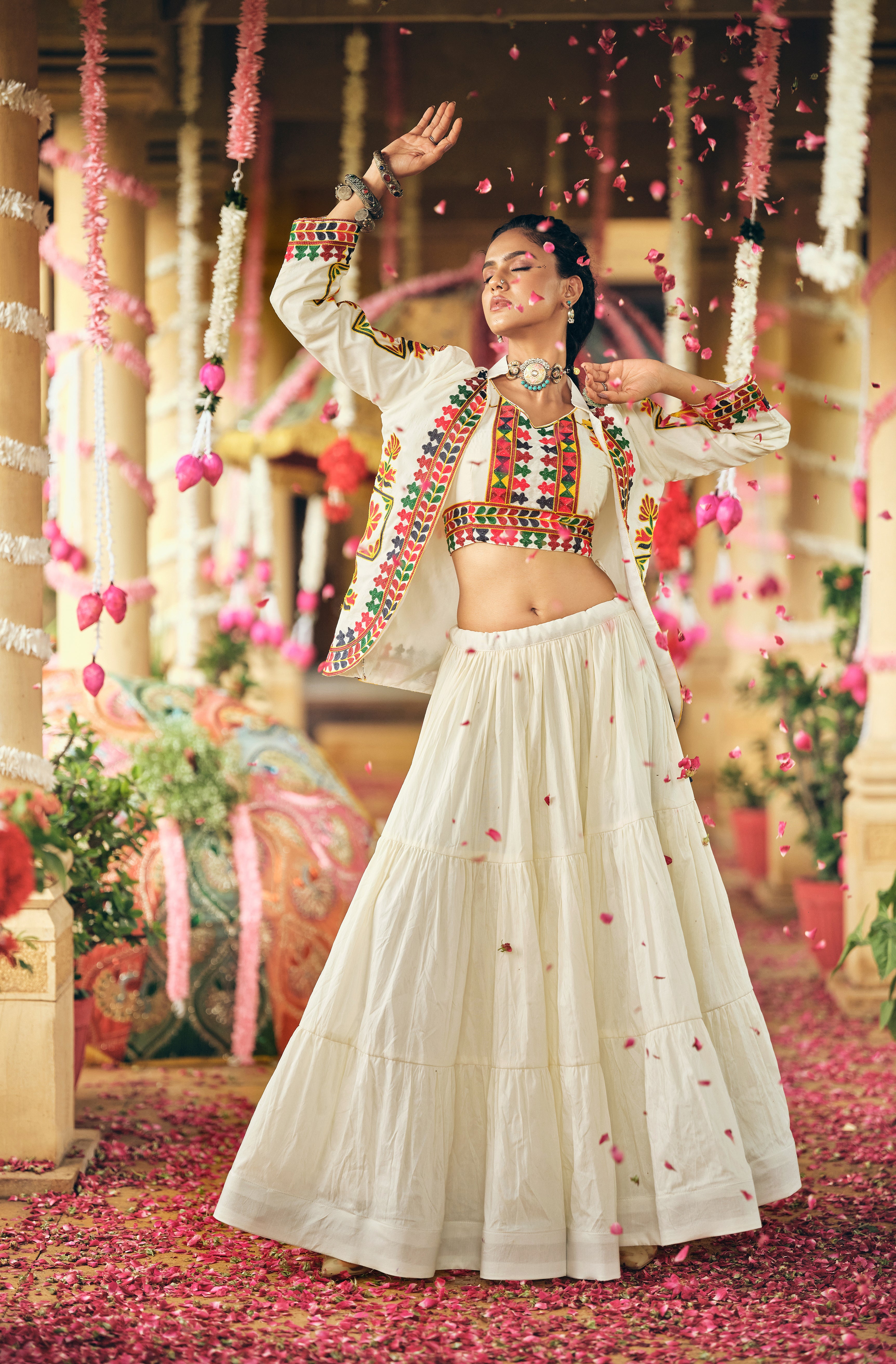 White Lehenga Set with Multicolor Embroidery