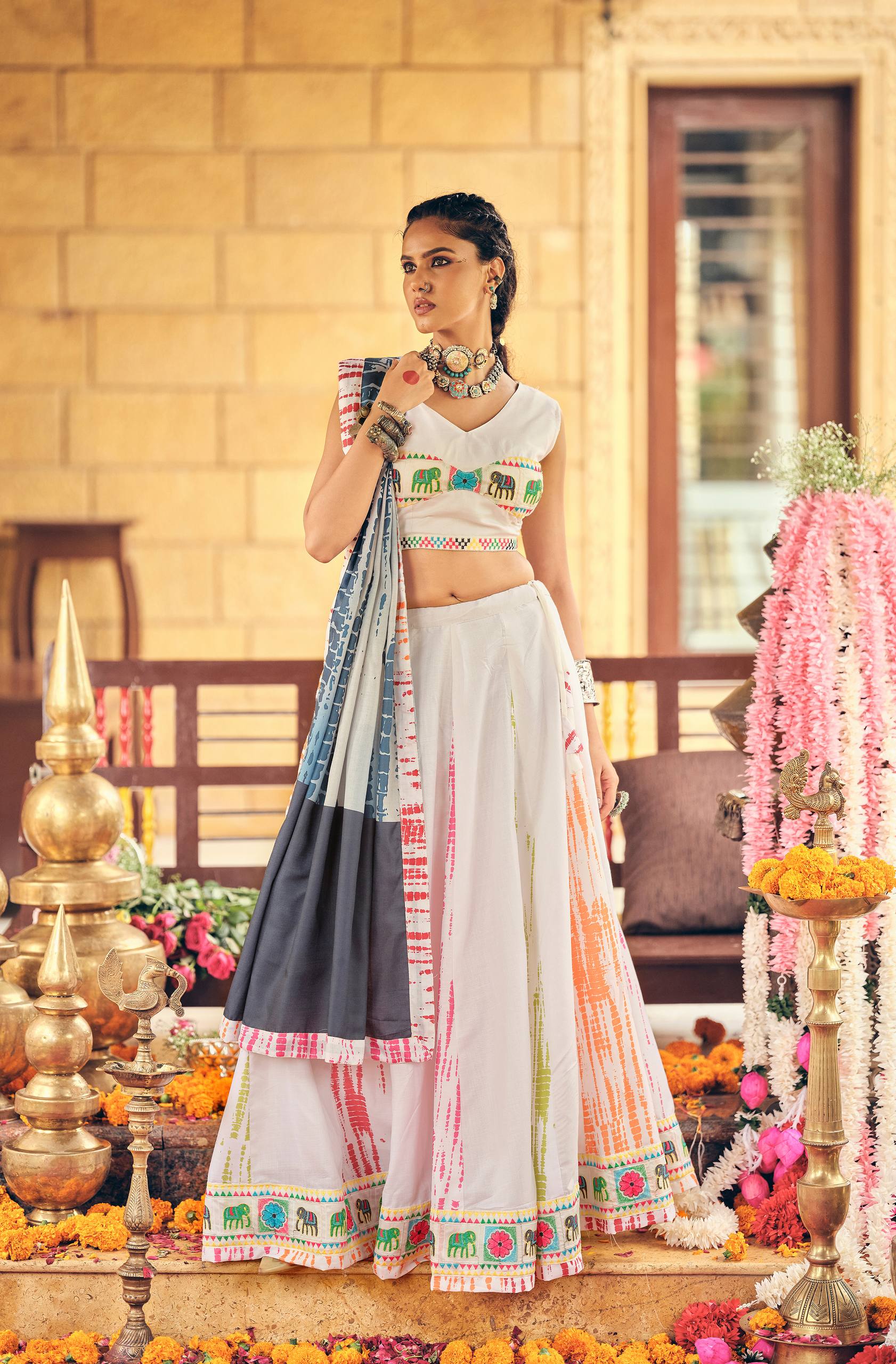 White Lehenga Set with Multicolor Print & Dupatta