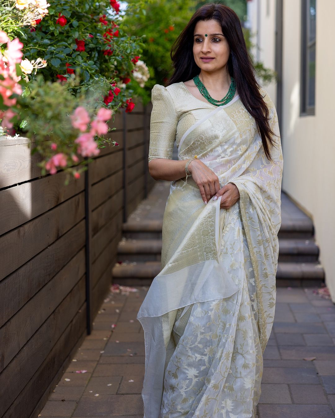 White Organza Silk Saree with Gold Floral Zari Weaving