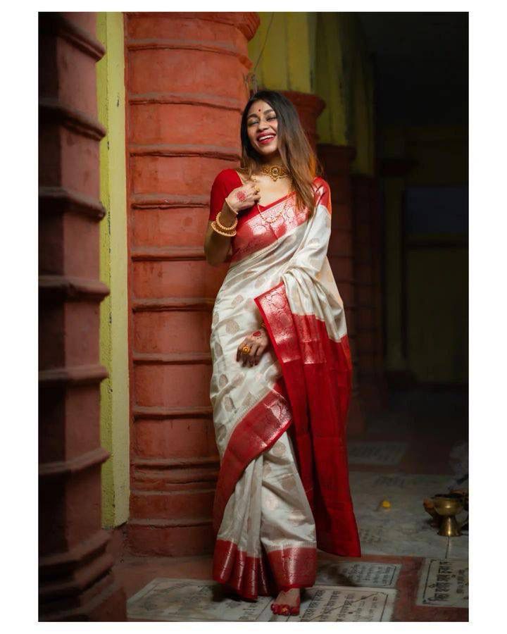 White Silk Saree with Red Border & Zari Work