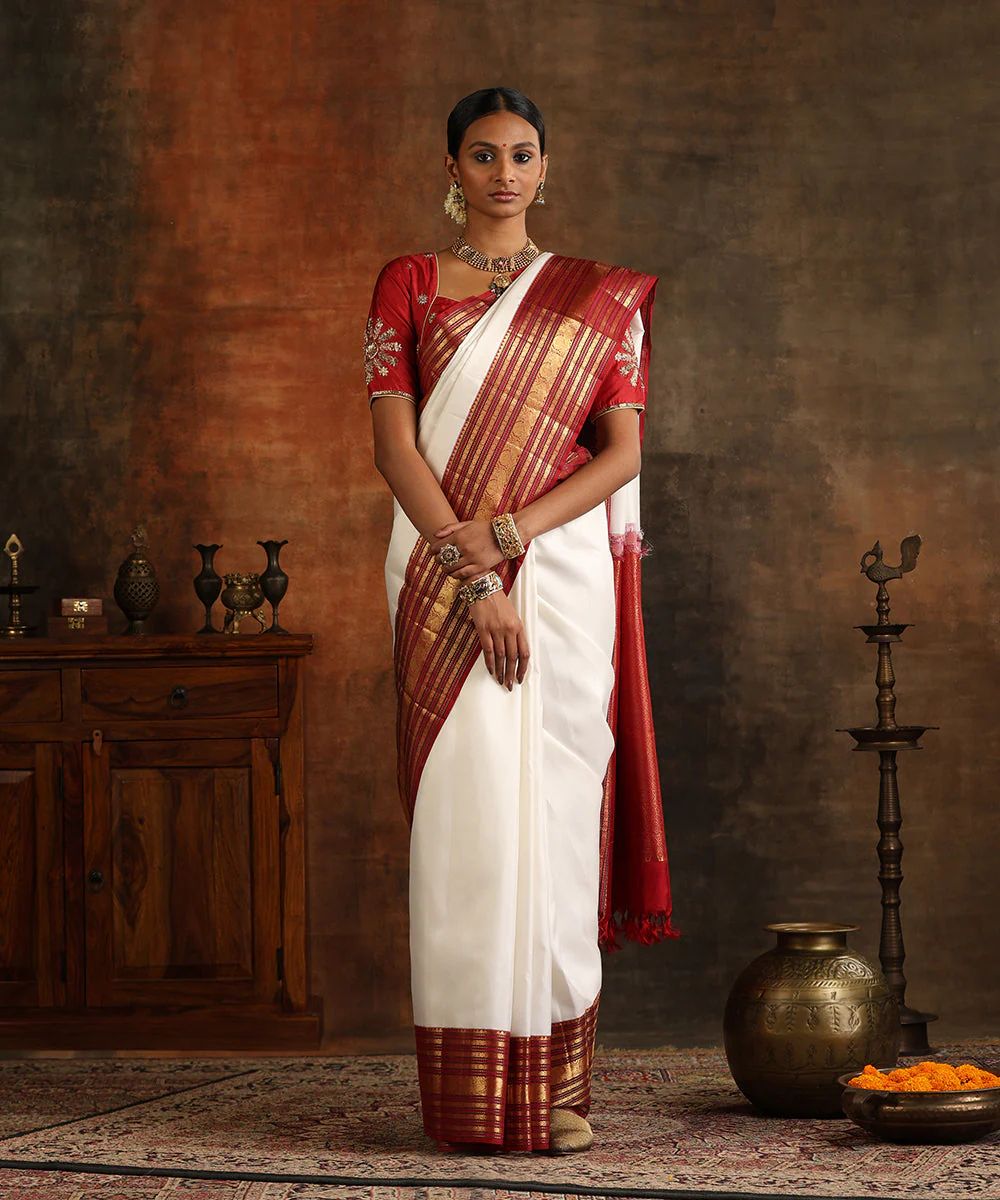 White Silk Saree with Red & Gold Border