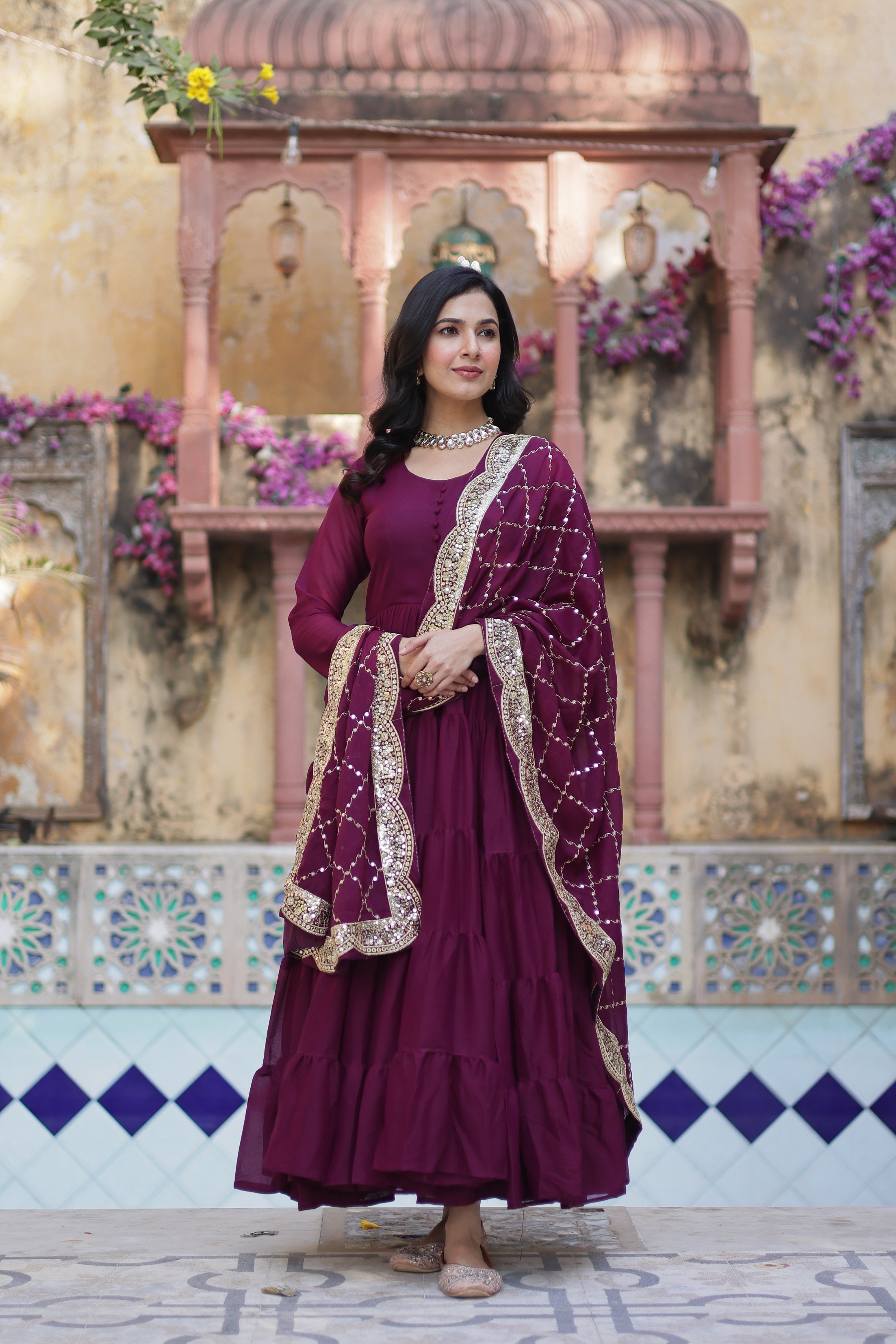 Wine Anarkali Kurta Set with Dupatta for Women