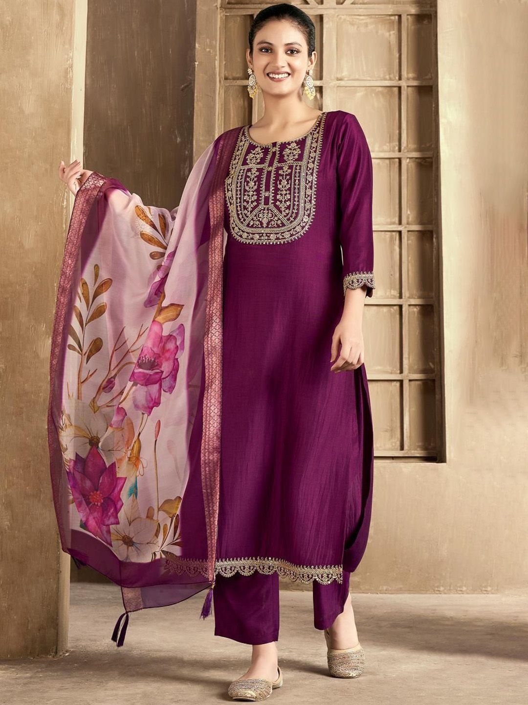 Wine Purple Embroidered Kurta Set with Floral Dupatta for Women