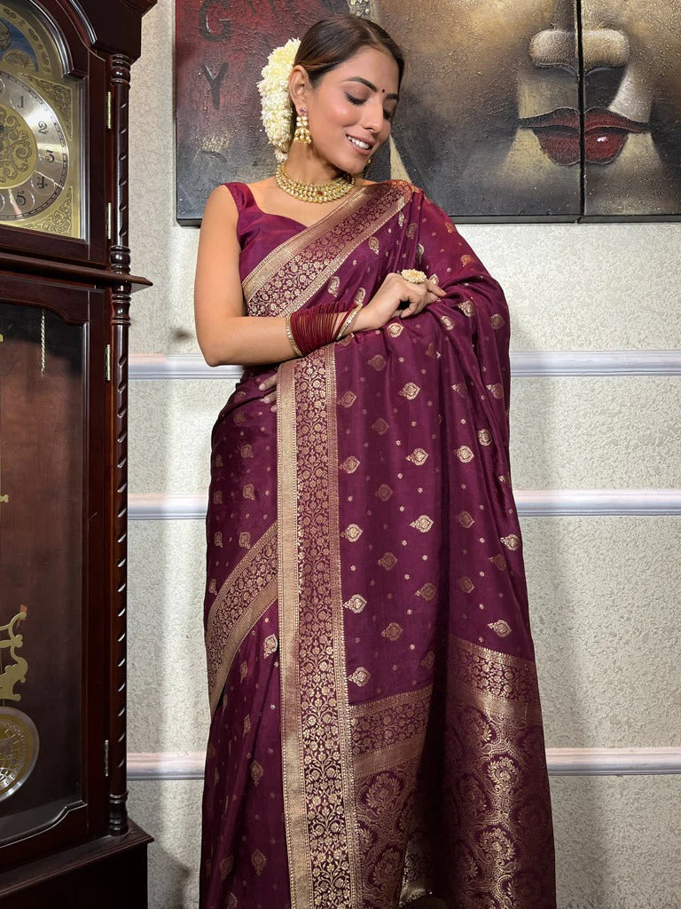 Wine Purple Silk Saree with Gold Zari Work