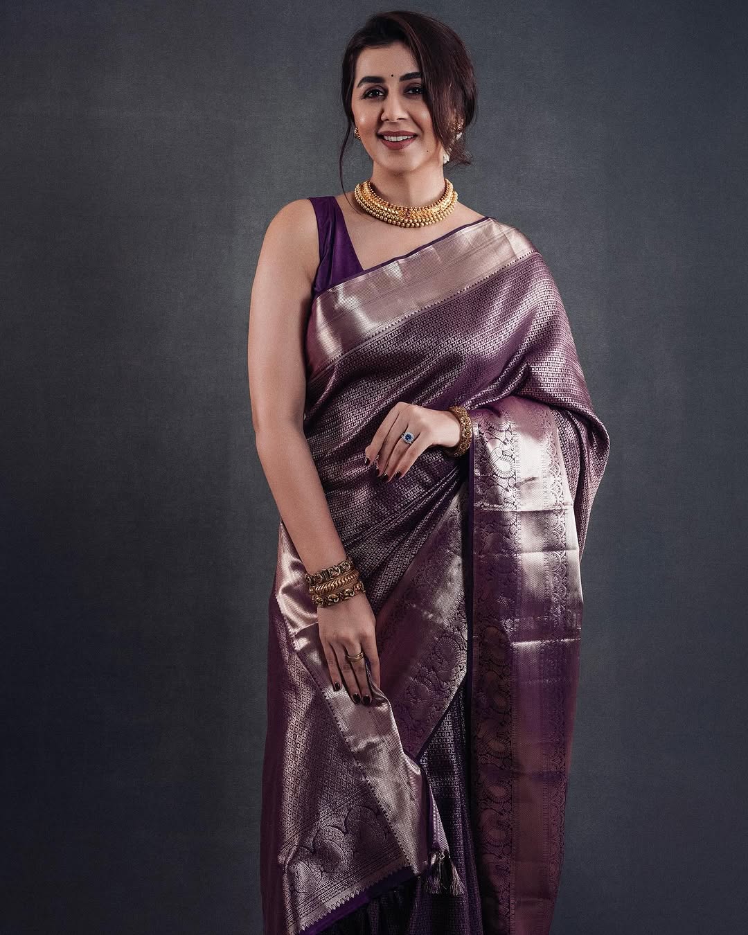 Wine Purple Silk Saree with Metallic Zari