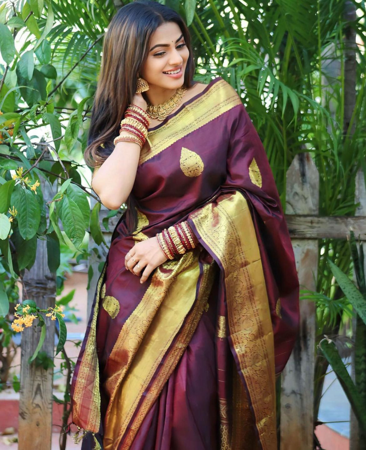 Wine Silk Saree with Gold Zari Border