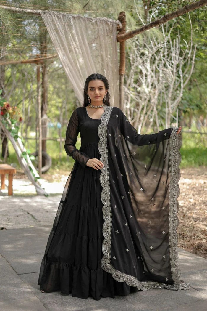 Women's Black Tiered Georgette Anarkali Gown with Heavy Scalloped Embroidery Dupatta