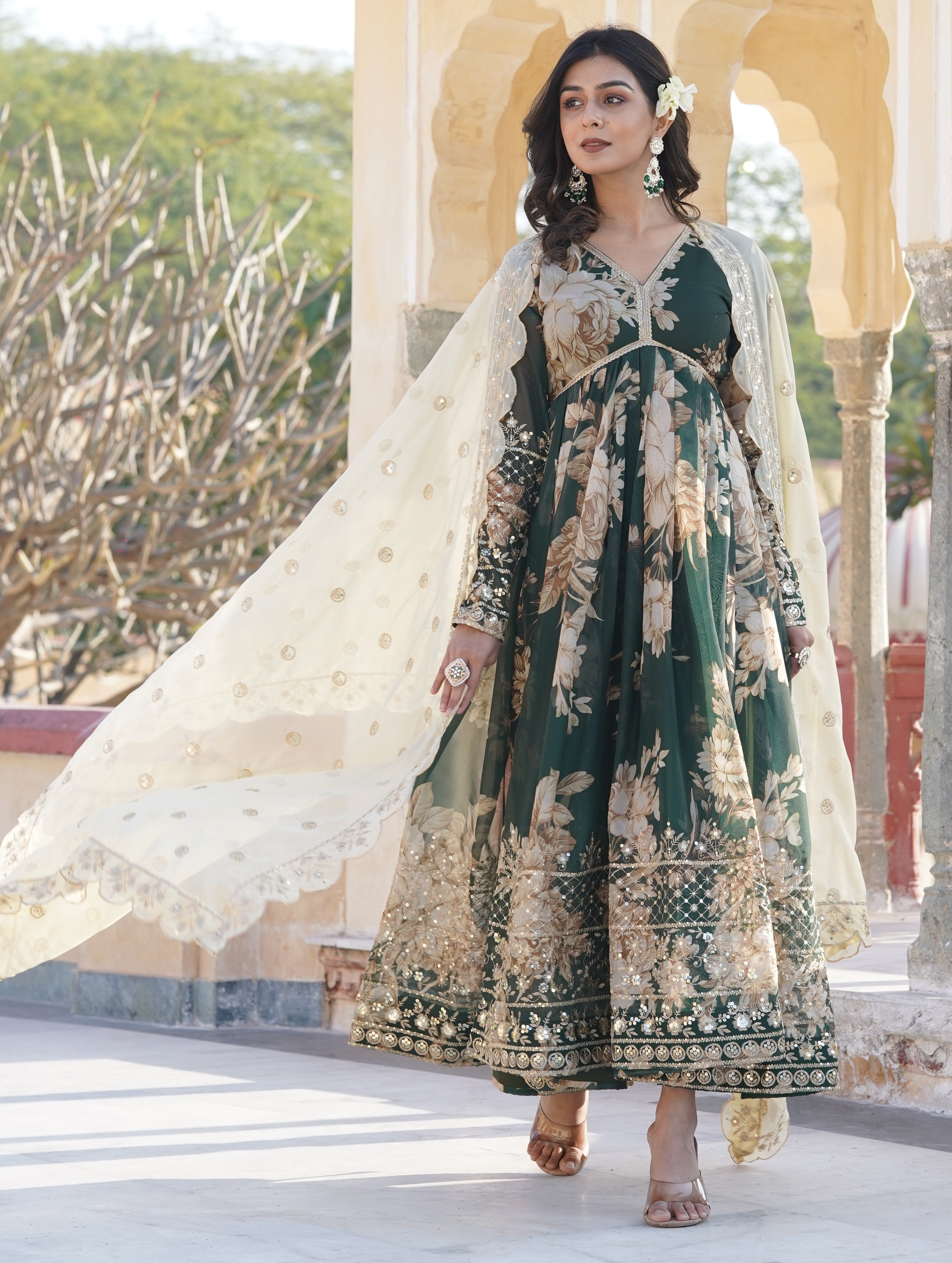 Women's Bottle Green Floral Printed Georgette Anarkali with Heavy Scalloped Sequined Dupatta