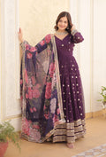 Women's Deep Plum Georgette Anarkali Gown with Mirror Embellishments and Oversized Floral Print Dupatta