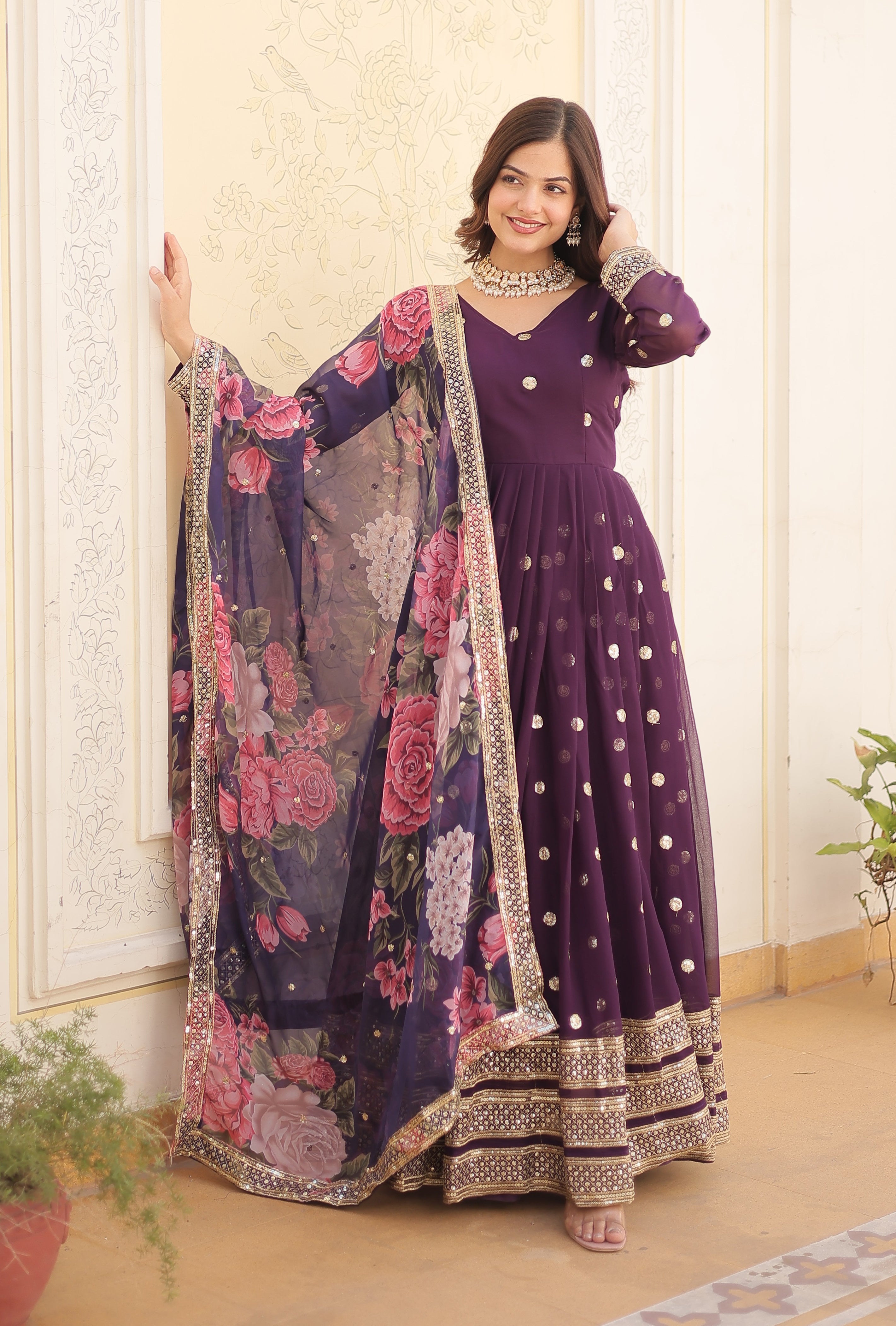 Women's Deep Plum Georgette Anarkali Gown with Mirror Embellishments and Oversized Floral Print Dupatta