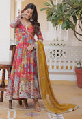Women's Fuchsia Pink Multi-Floral Georgette Anarkali with Gota-Patti Bodice and Mustard Dupatta