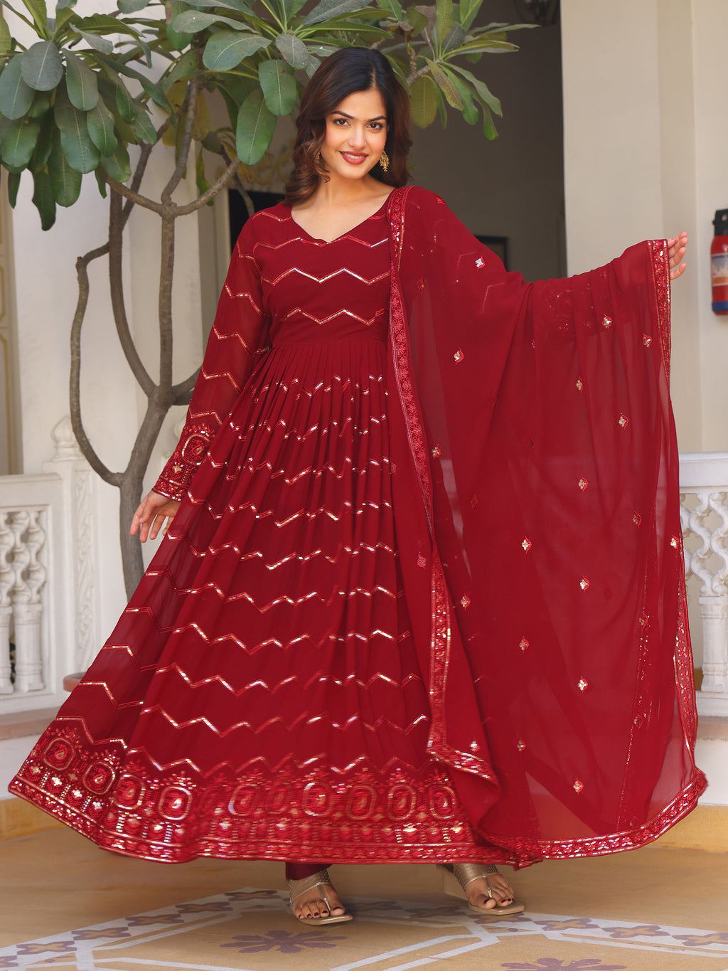 Women's Georgette Anarkali Gown with Zig-Zag Sequin Embroidery and Heavy Ornate Border