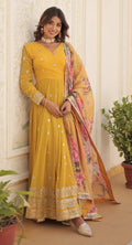 Women's Mustard Yellow Georgette Anarkali Gown with Mirror Accents and Floral Printed Organza Dupatta