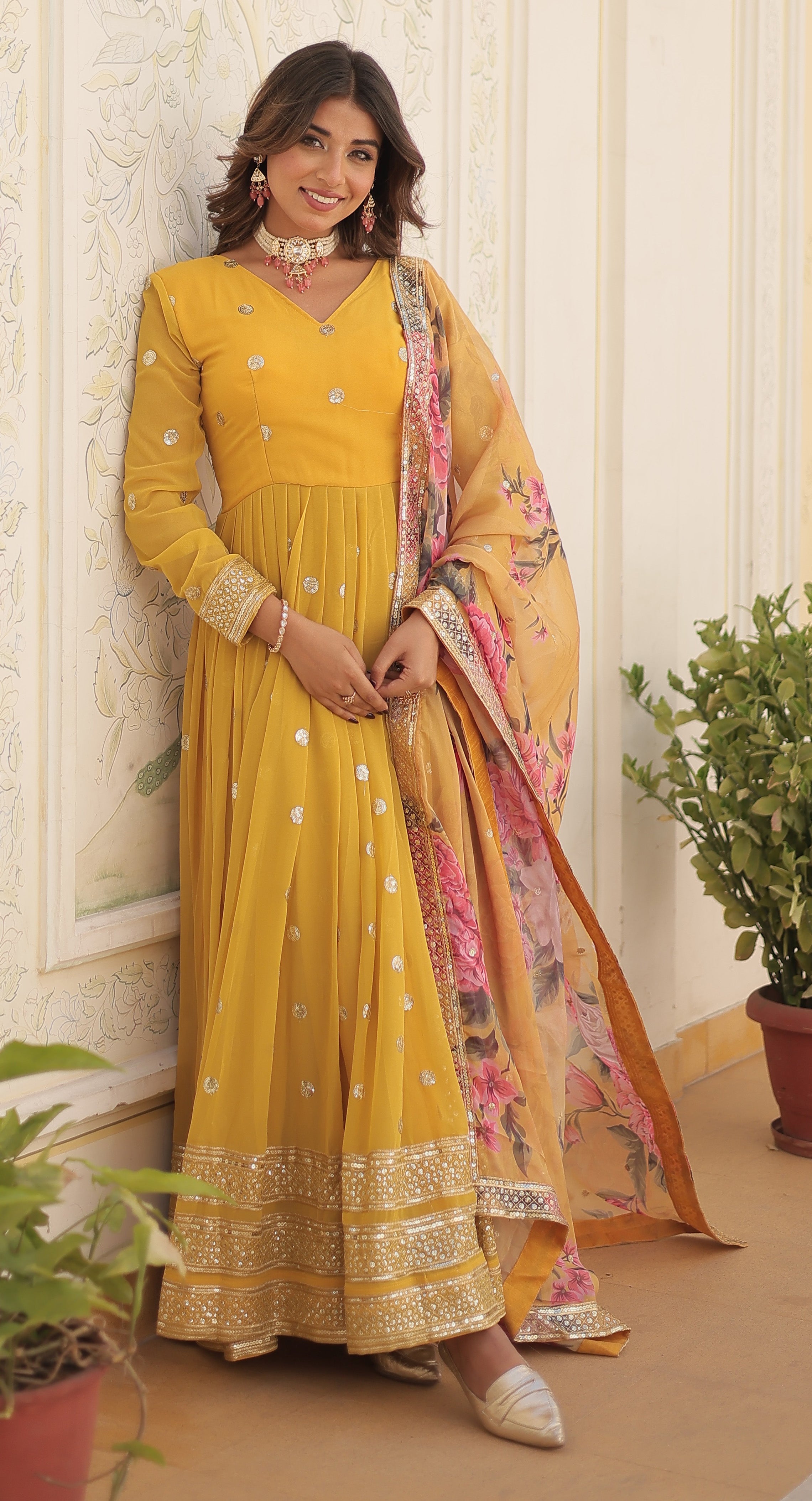 Women's Mustard Yellow Georgette Anarkali Gown with Mirror Accents and Floral Printed Organza Dupatta