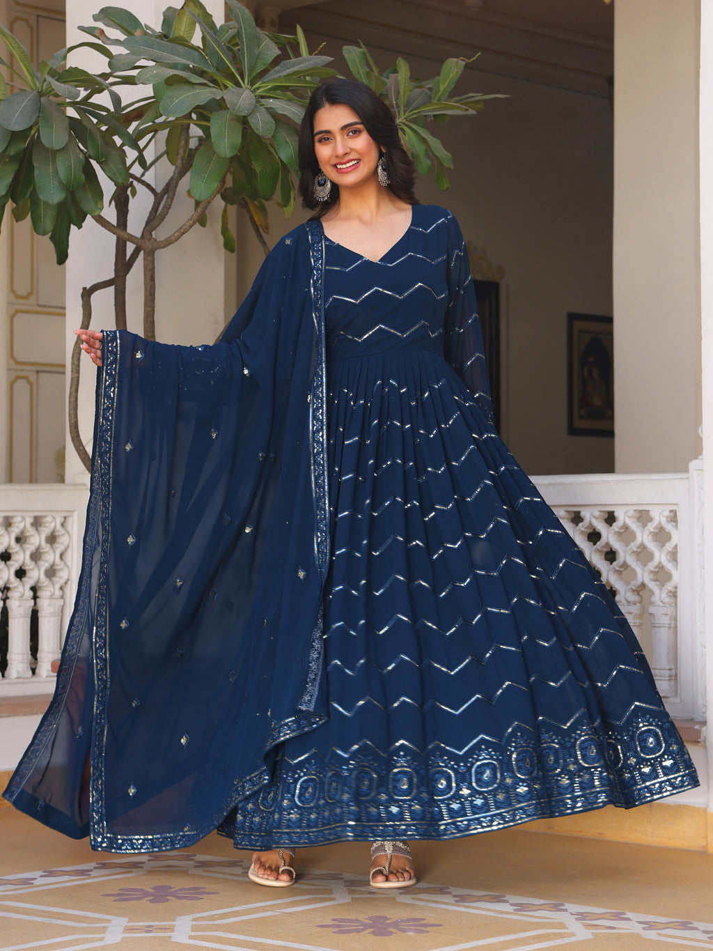Women's Navy Blue Georgette Anarkali Gown with Silver Zig-Zag Sequins & Ornate Hemline