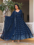 Women's Navy Blue Georgette Anarkali Gown with Silver Zig-Zag Sequins & Ornate Hemline